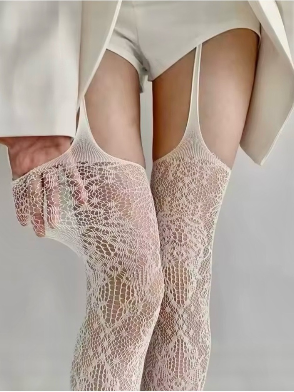 NWT white open crotch garter stockings pattern tights fashion legs 1size new